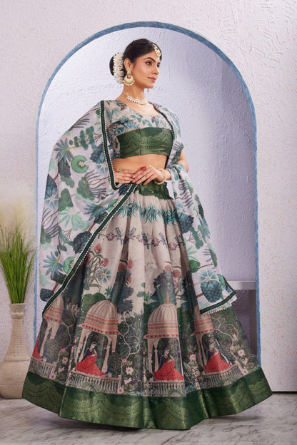 Madhubani Traditional Dola Silk Lehenga with Unstitched Blouse Cut Border Dupatta
