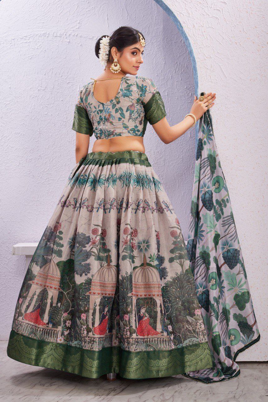 Madhubani Traditional Dola Silk Lehenga with Unstitched Blouse Cut Border Dupatta