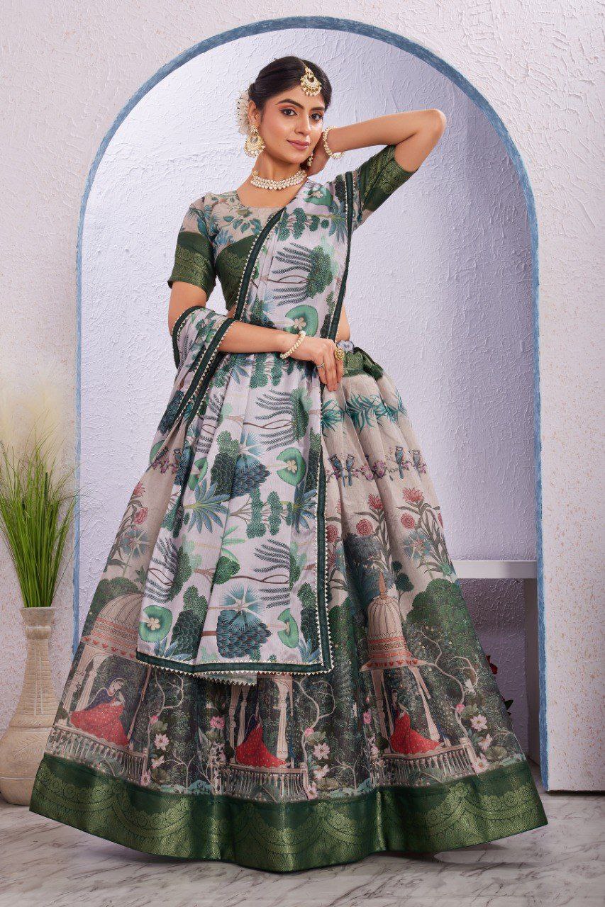 Madhubani Traditional Dola Silk Lehenga with Unstitched Blouse Cut Border Dupatta