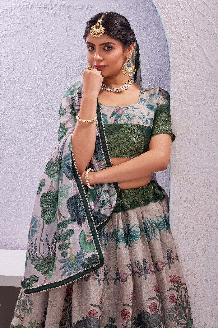 Madhubani Traditional Dola Silk Lehenga with Unstitched Blouse Cut Border Dupatta