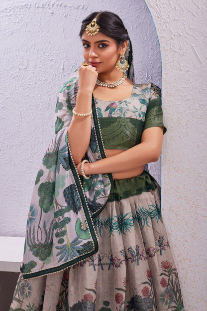 Madhubani Traditional Dola Silk Lehenga with Unstitched Blouse Cut Border Dupatta