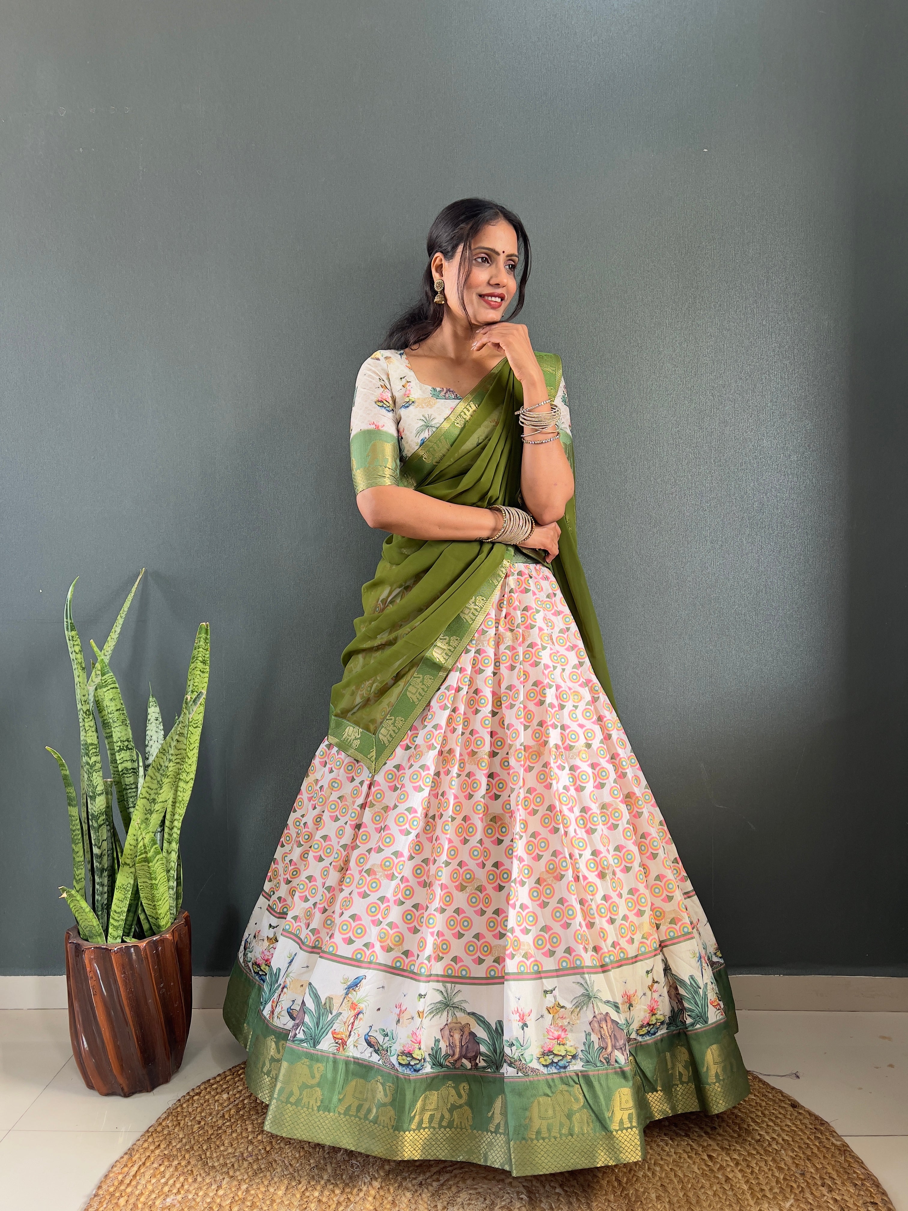Beautiful Patola And Gorgeous Border Work Lehega With Unstitched Blouse and Dupatta