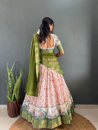 Beautiful Patola And Gorgeous Border Work Lehega With Unstitched Blouse and Dupatta