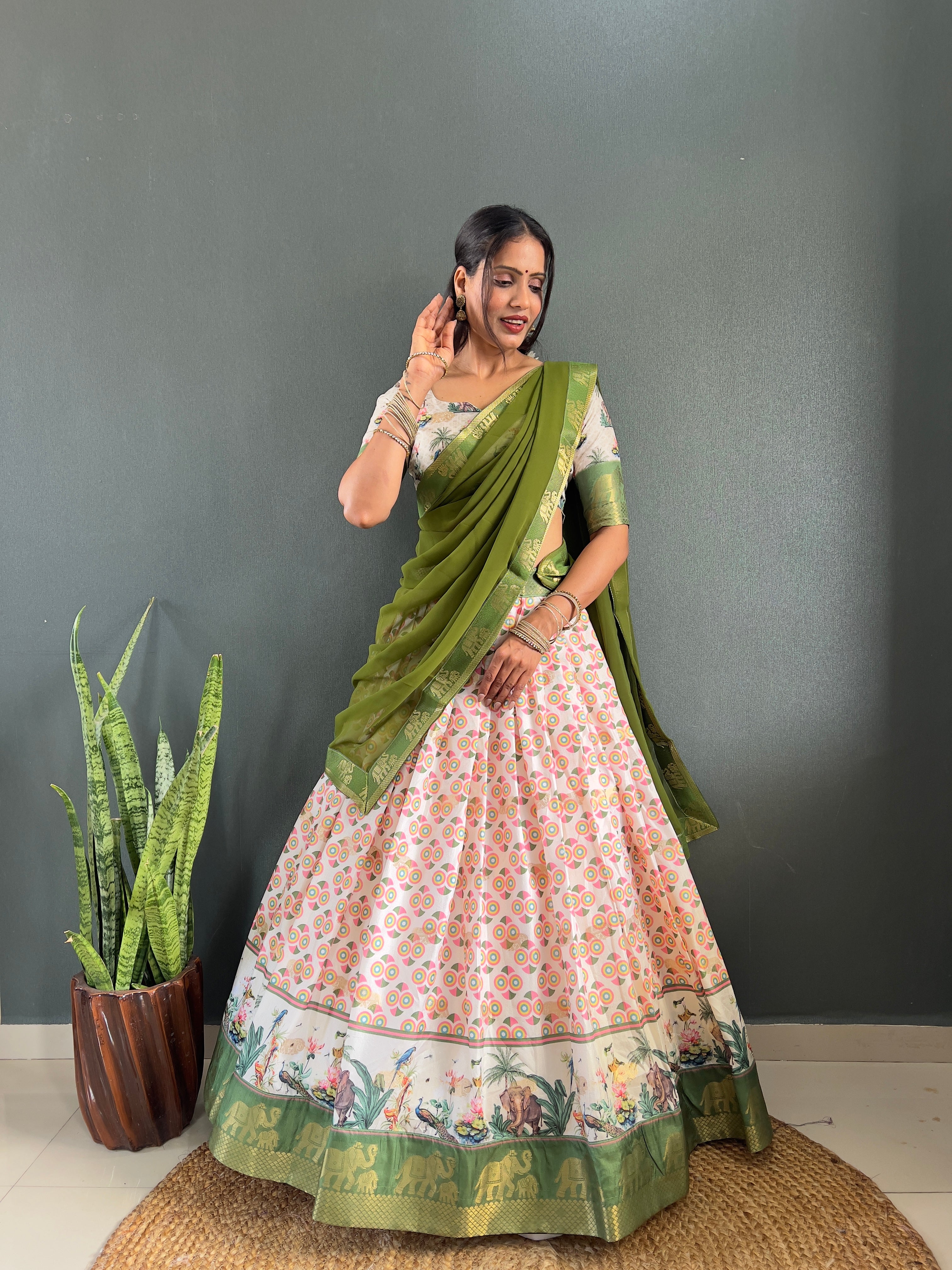 Beautiful Patola And Gorgeous Border Work Lehega With Unstitched Blouse and Dupatta