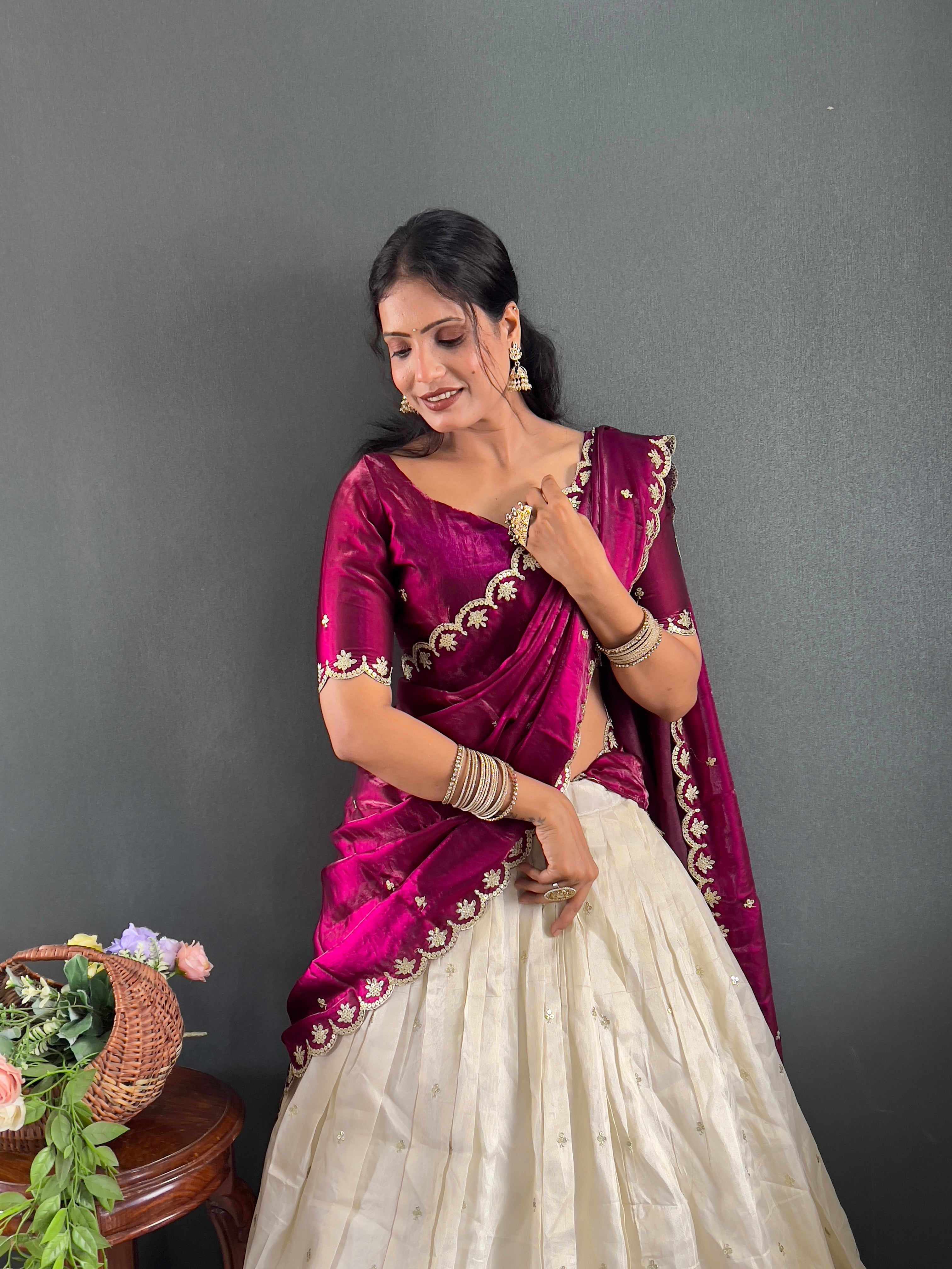 Classic Tissue Silk Embroidery Work Lehega With Unstitched Blouse and Dupatta