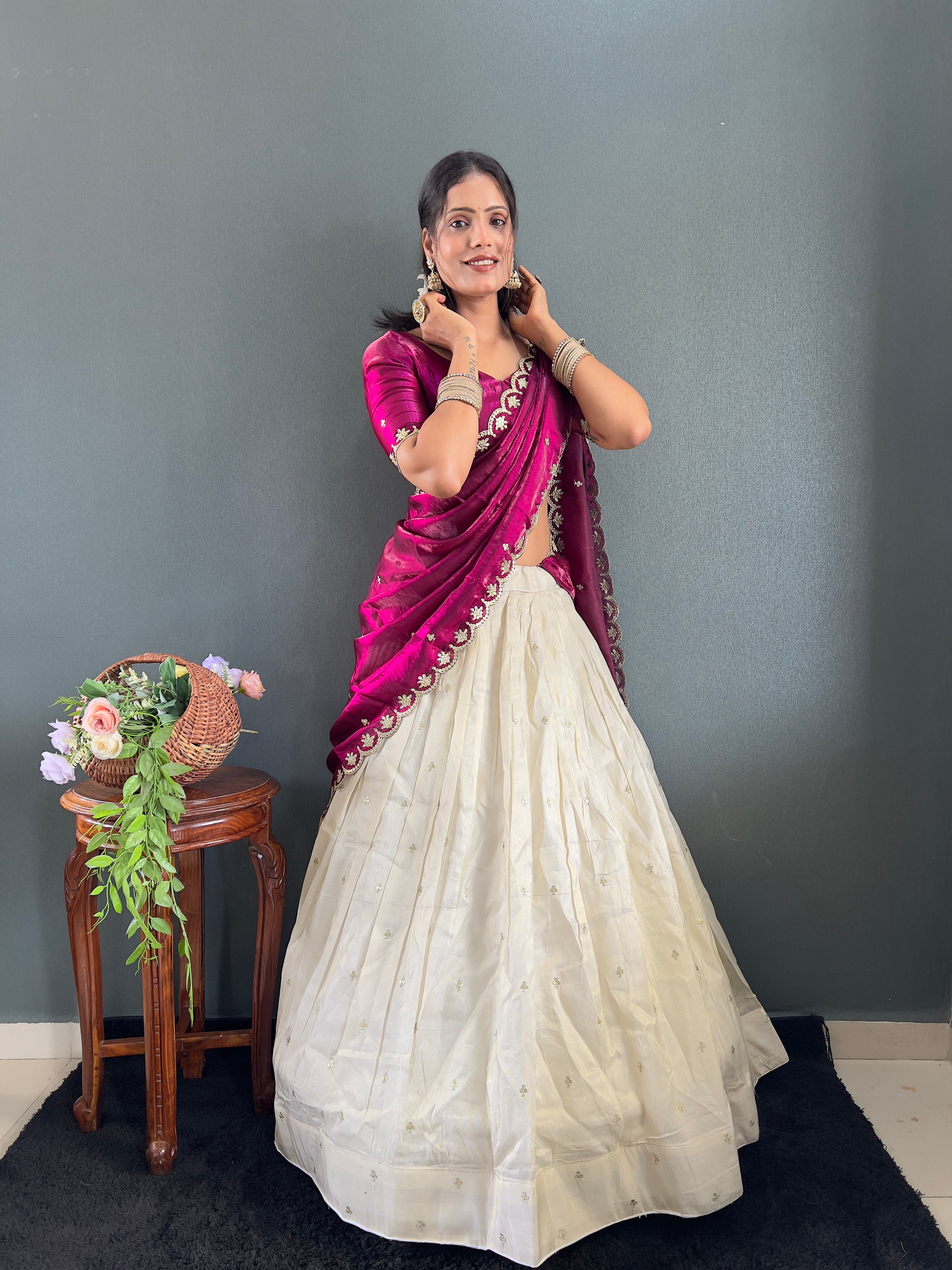 Classic Tissue Silk Embroidery Work Lehega With Unstitched Blouse and Dupatta