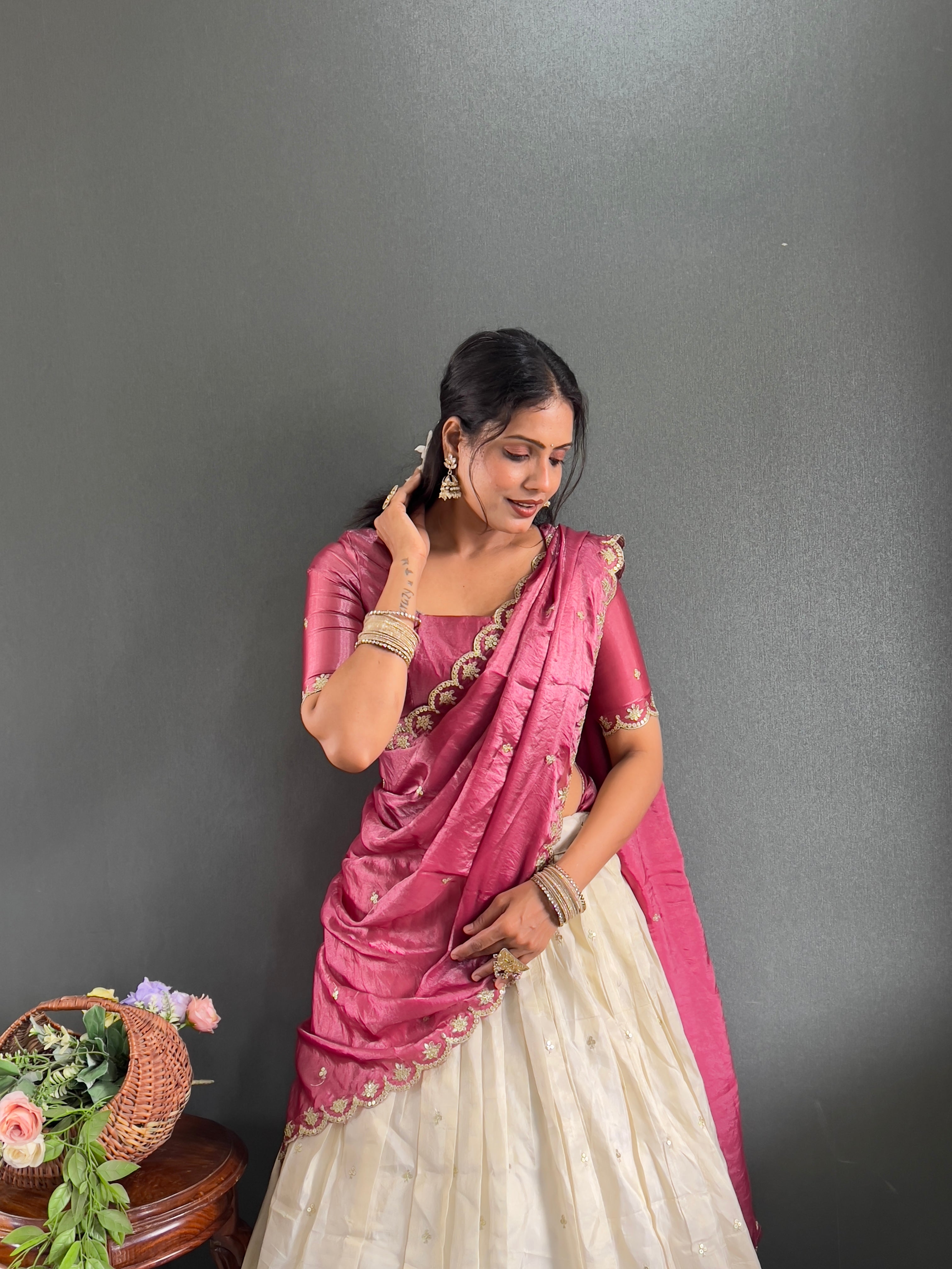 Classic Tissue Silk Embroidery Work Lehega With Unstitched Blouse and Dupatta