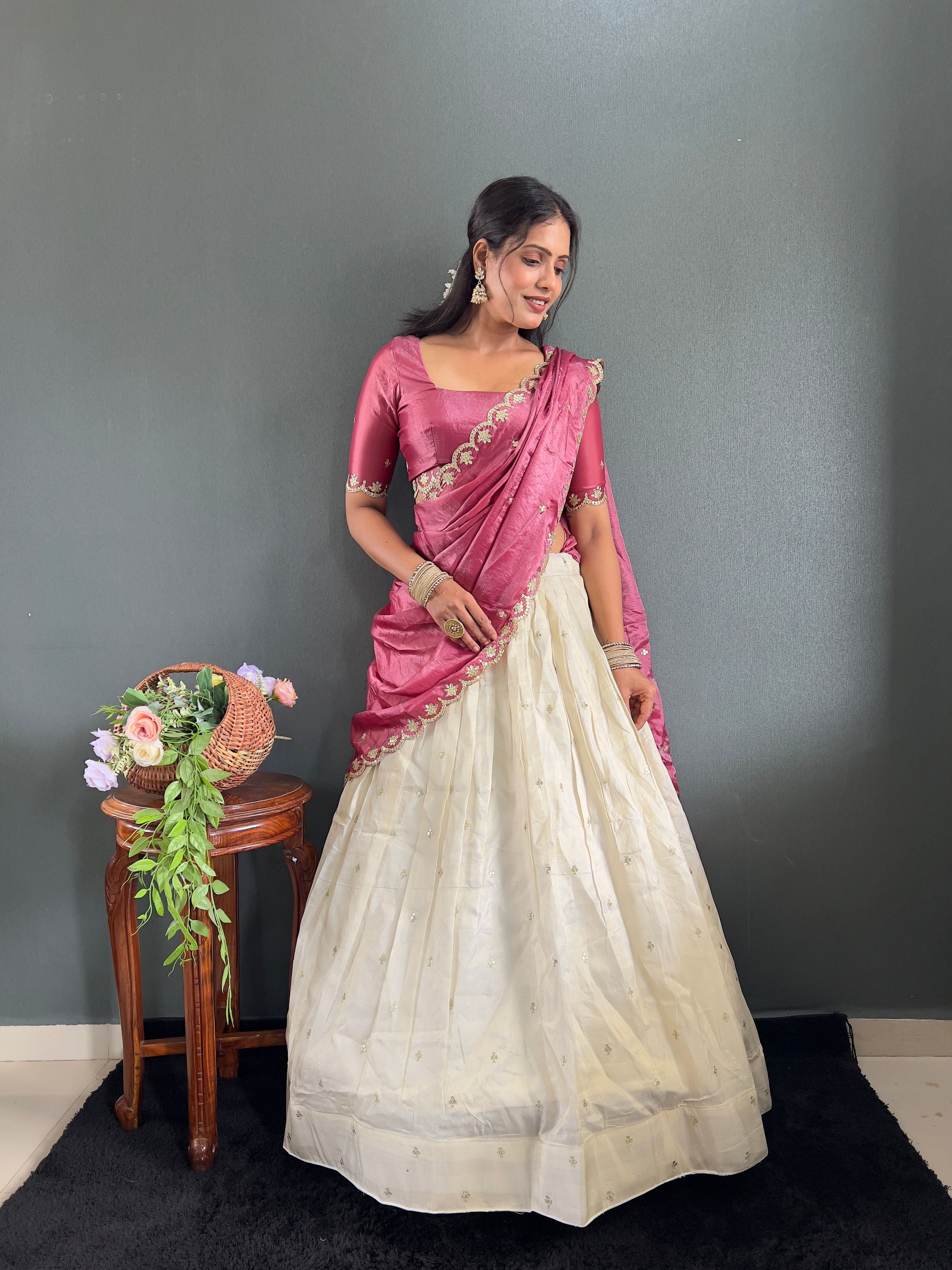 Classic Tissue Silk Embroidery Work Lehega With Unstitched Blouse and Dupatta