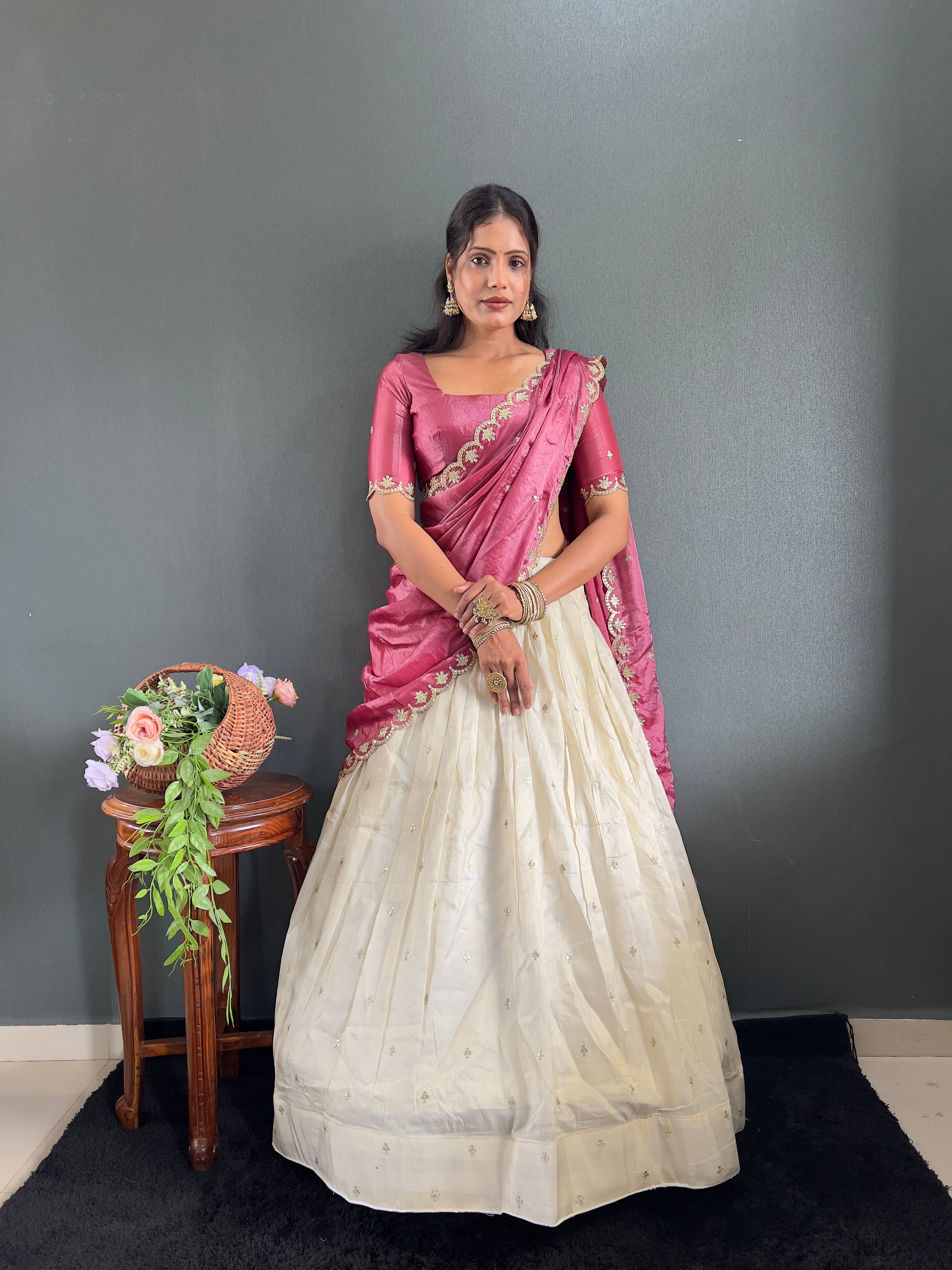 Classic Tissue Silk Embroidery Work Lehega With Unstitched Blouse and Dupatta