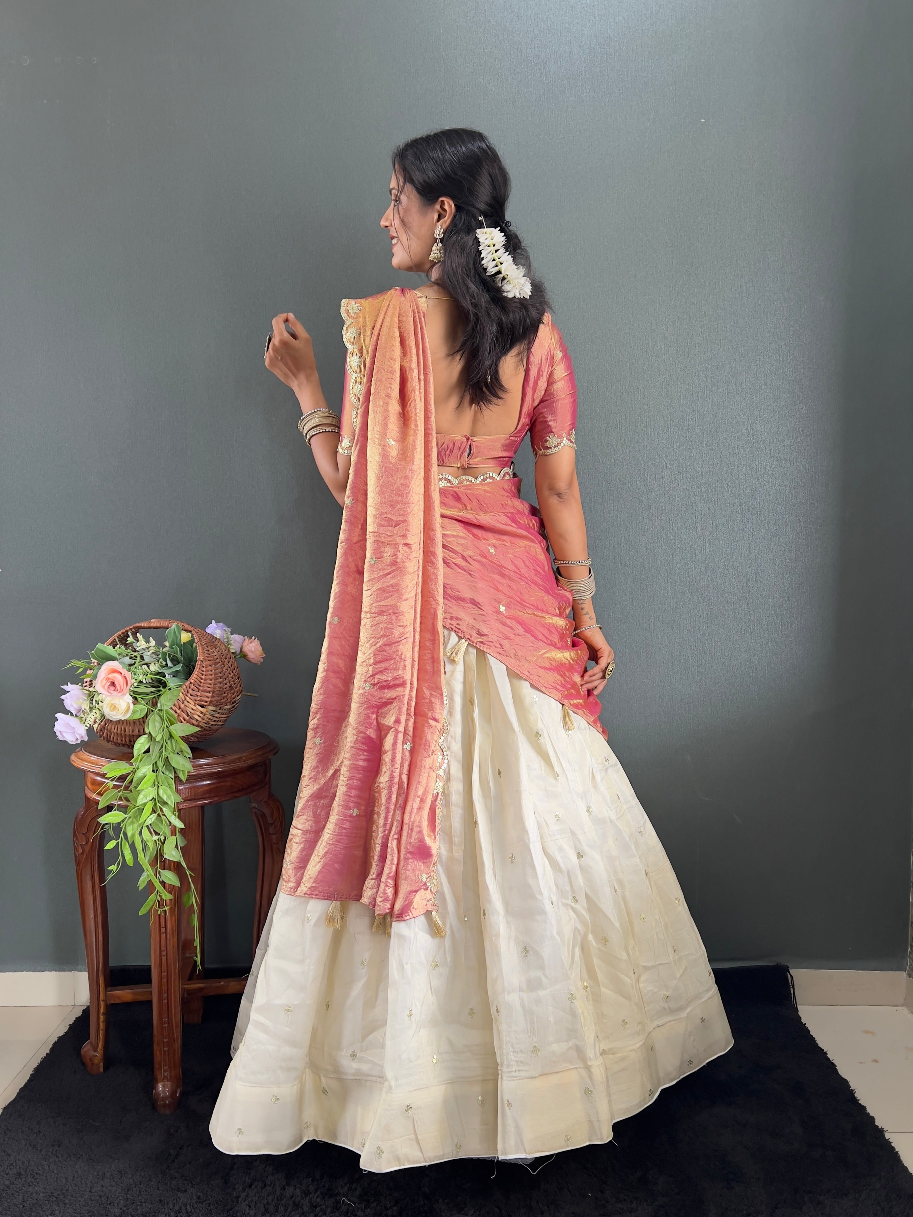 Classic Tissue Silk Embroidery Work Lehega With Unstitched Blouse and Dupatta
