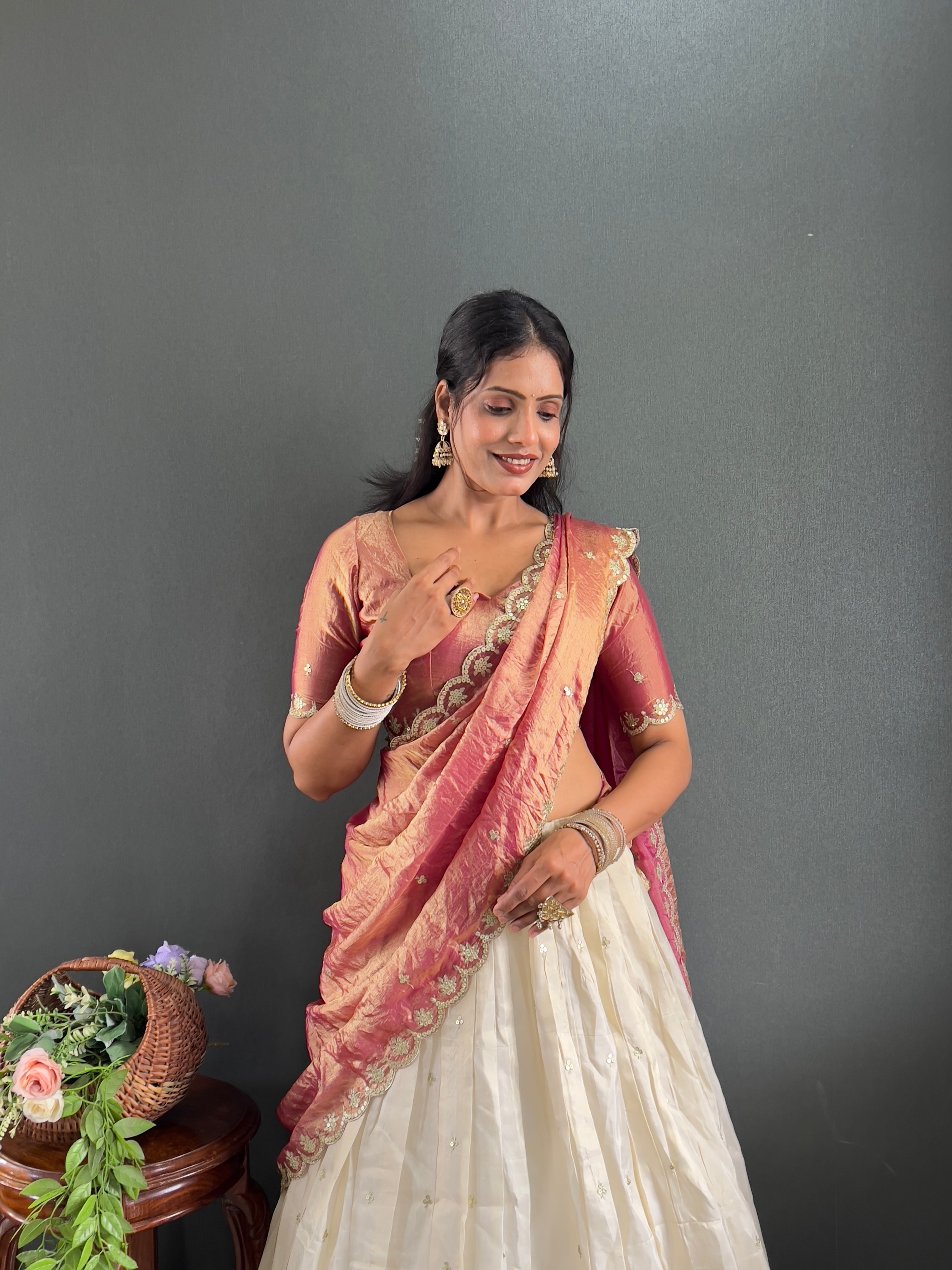 Classic Tissue Silk Embroidery Work Lehega With Unstitched Blouse and Dupatta