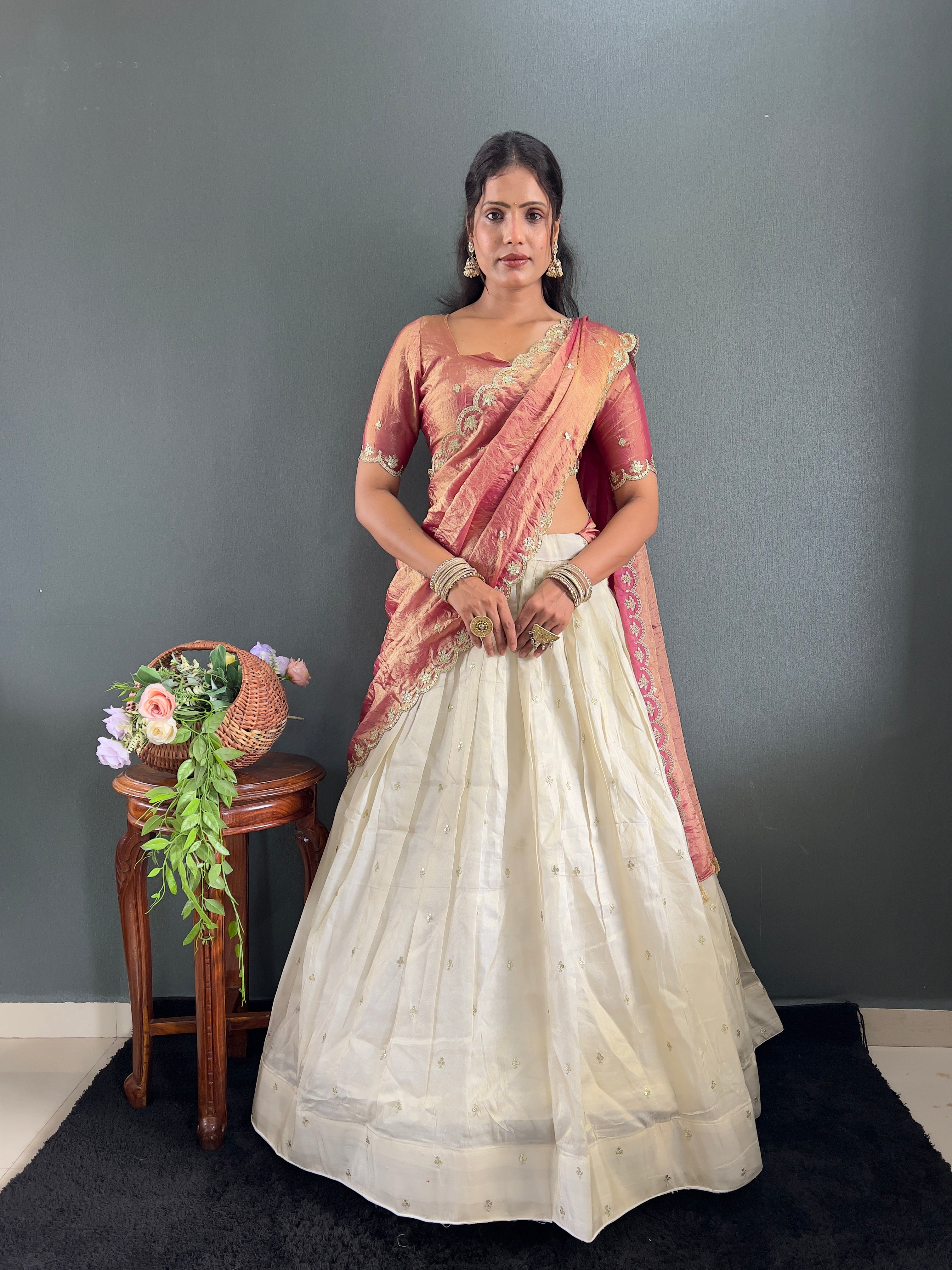 Classic Tissue Silk Embroidery Work Lehega With Unstitched Blouse and Dupatta