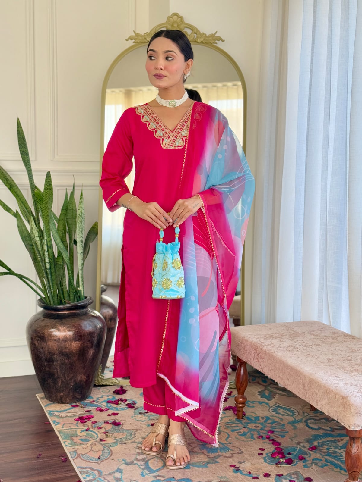 Women's Red Rayon Slub Embroidered Straight Kurta with Rayon Slub Pant And Tebby Silk Printed Dupatta Sets-Minimum Qty -10 Pic