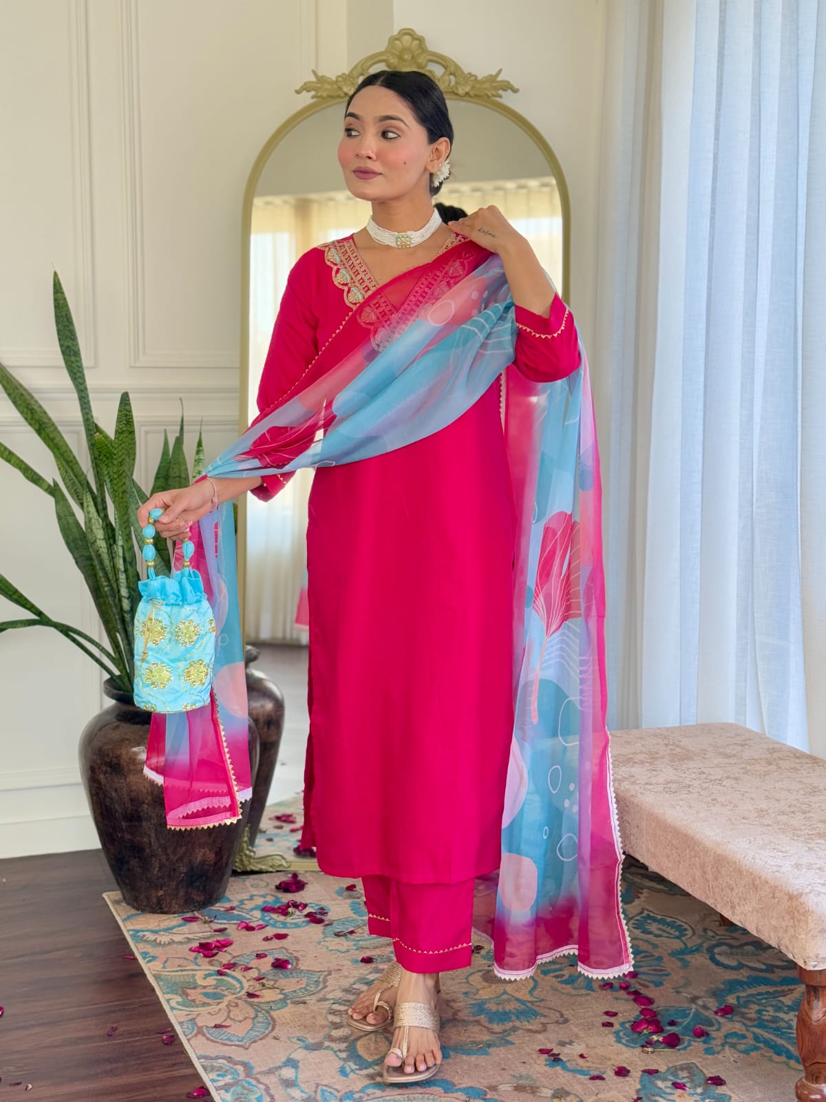 Women's Red Rayon Slub Embroidered Straight Kurta with Rayon Slub Pant And Tebby Silk Printed Dupatta Sets-Minimum Qty -10 Pic