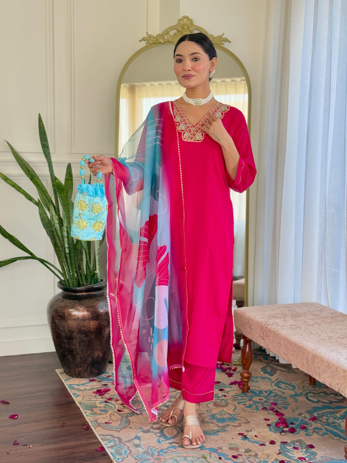 Women's Red Rayon Slub Embroidered Straight Kurta with Rayon Slub Pant And Tebby Silk Printed Dupatta Sets-Minimum Qty -10 Pic
