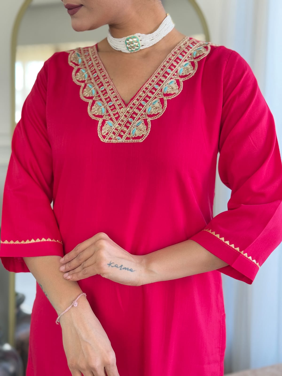 Women's Red Rayon Slub Embroidered Straight Kurta with Rayon Slub Pant And Tebby Silk Printed Dupatta Sets-Minimum Qty -10 Pic