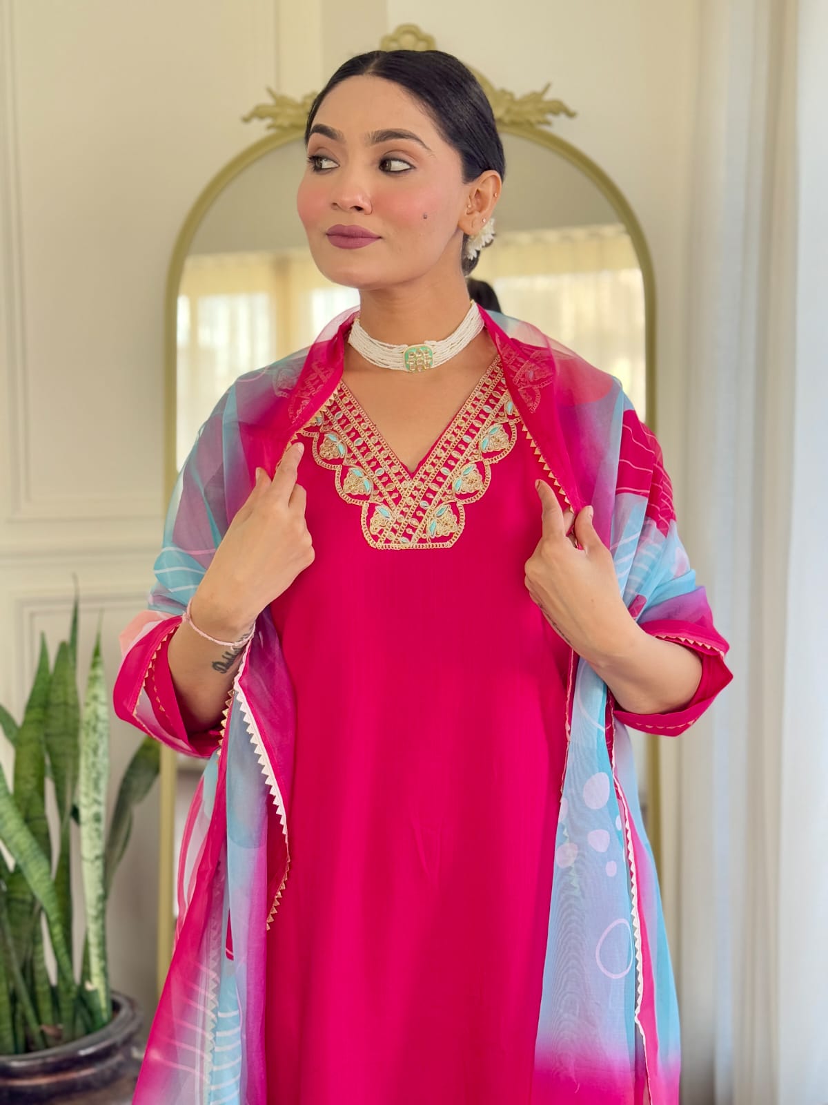 Women's Red Rayon Slub Embroidered Straight Kurta with Rayon Slub Pant And Tebby Silk Printed Dupatta Sets-Minimum Qty -10 Pic