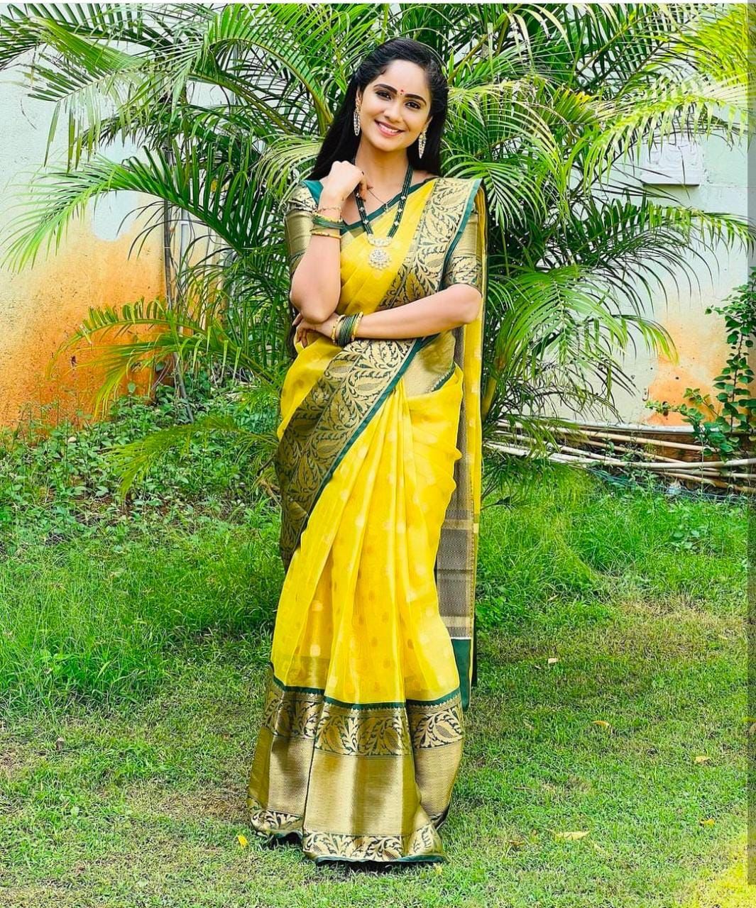 Runglory Sunshine Yellow Silk Saree with Green Border