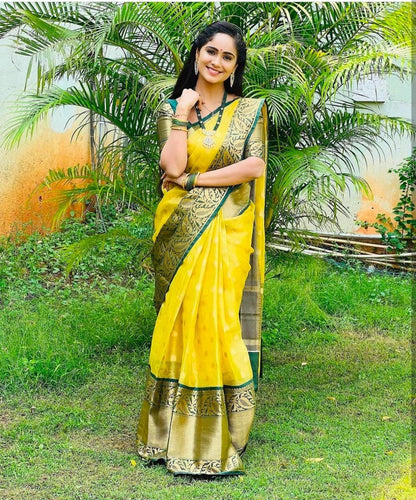 Runglory Sunshine Yellow Silk Saree with Green Border