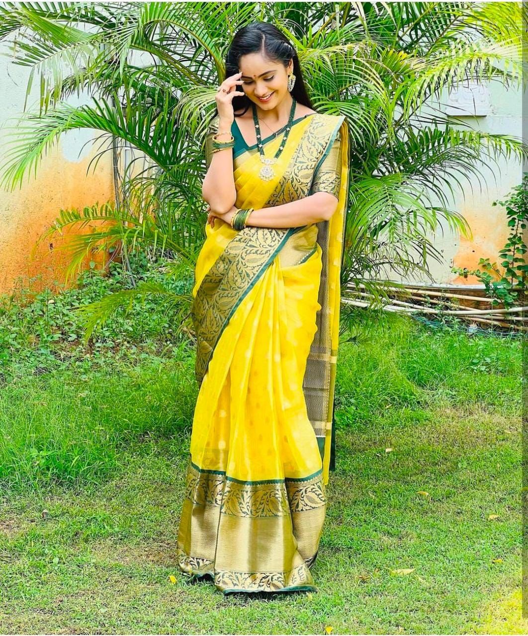 Runglory Sunshine Yellow Silk Saree with Green Border